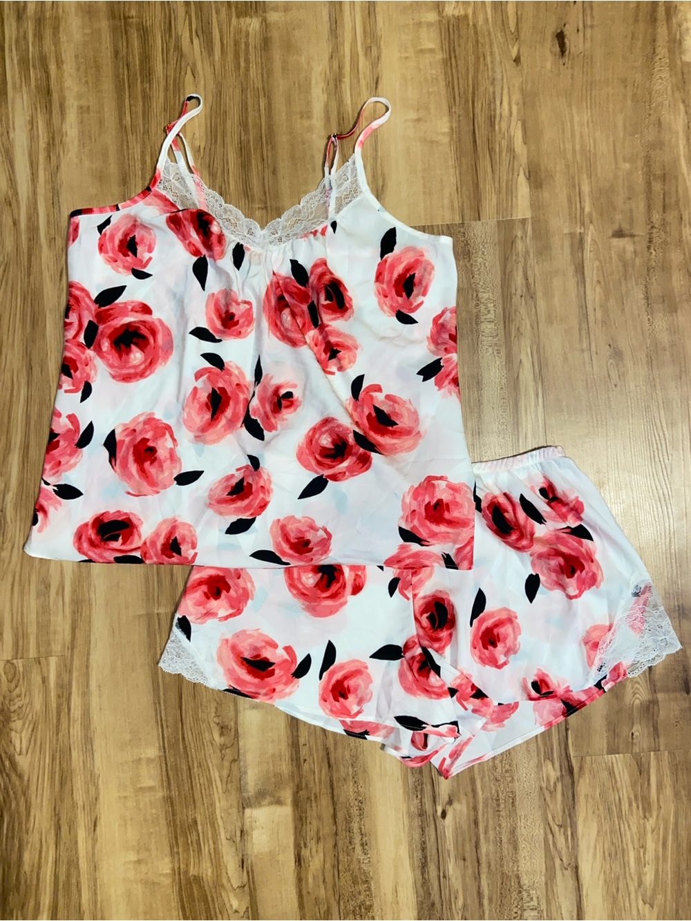 Kate Spade Satin White Cami & Short Pajama Set with Pink Rose Print